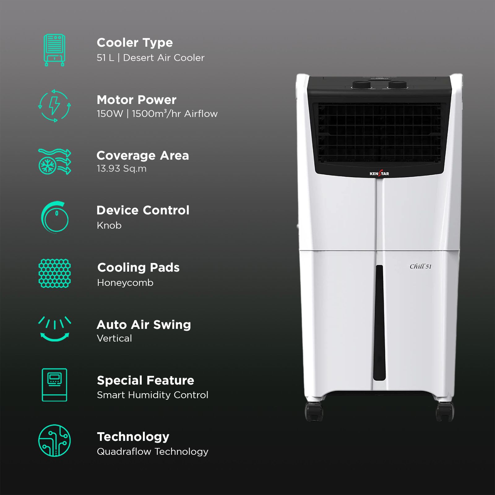 Buy KENSTAR CHILL HC 51 Litres Personal Air Cooler with Quadraflow